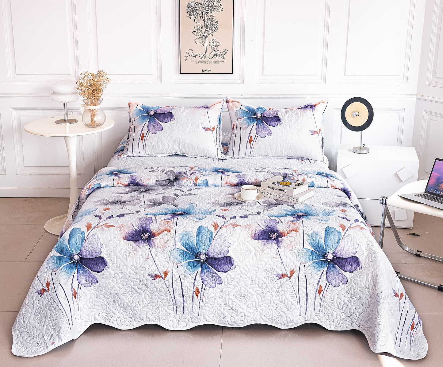 Cuvertura De Pat 3 Piese, din Bumbac Satinat, Floricele-A9846