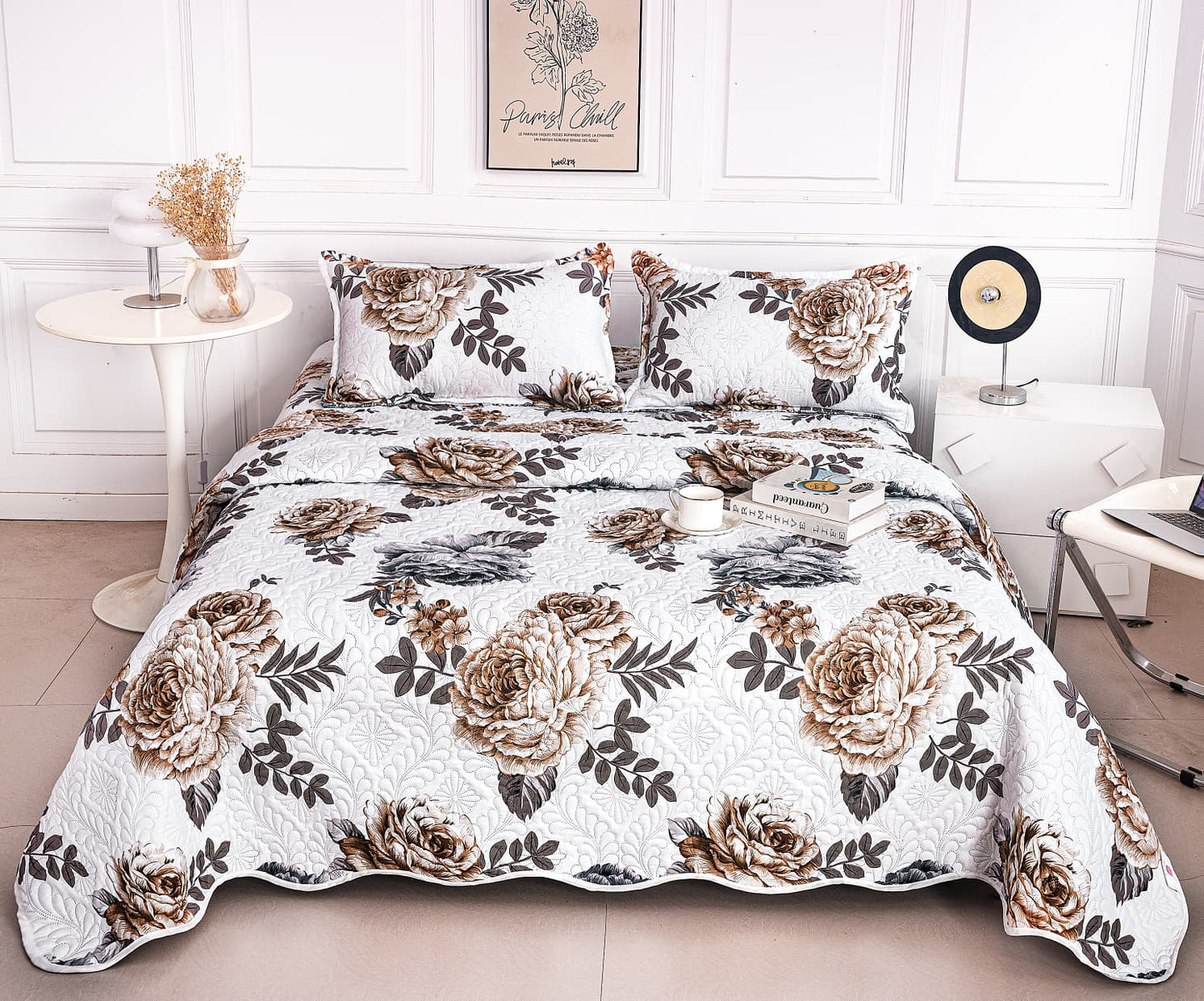 Cuvertura De Pat 3 Piese, din Bumbac Satinat, Floricele-A9849