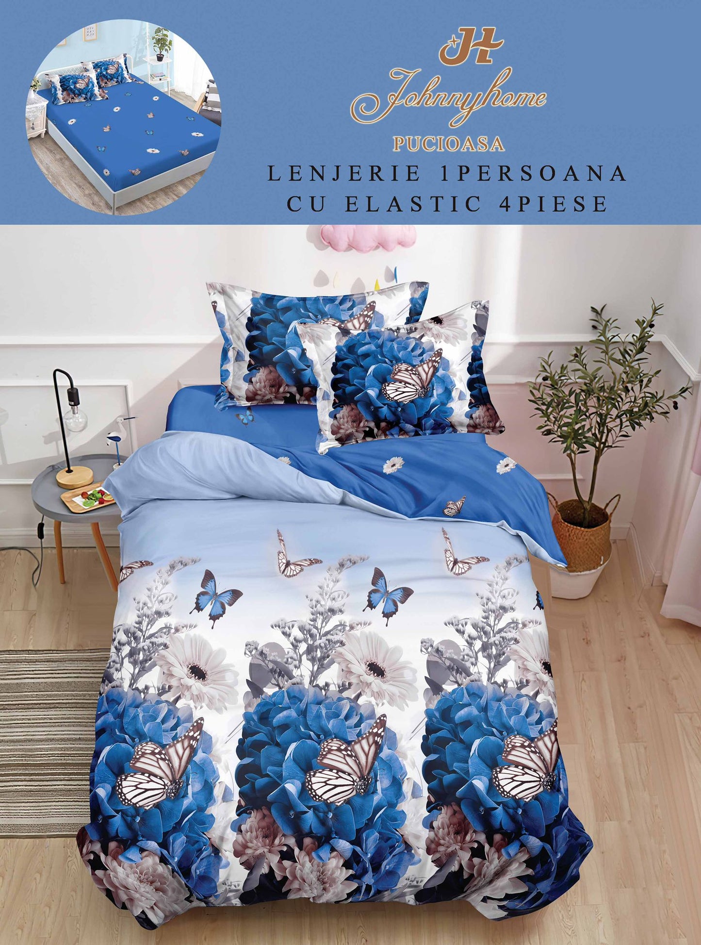 Lenjerie Finet 4 Piese 1 Persoana, cu Elastic, Flori/Fluturi-H9047