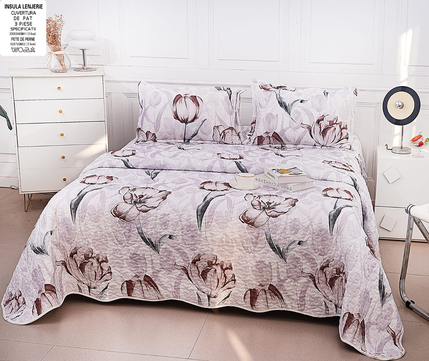 Cuvertura De Pat 3 Piese, din Bumbac Satinat, Flori-A9842