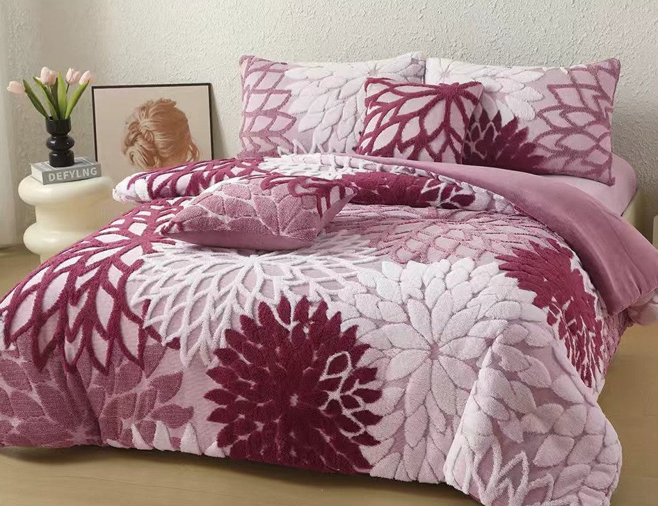 Lenjerie Cocolino Pufoasa, Pat Dublu, cu 6 Piese, Cearceaf Pat Cu Elastic, Flori In Relief-M11514