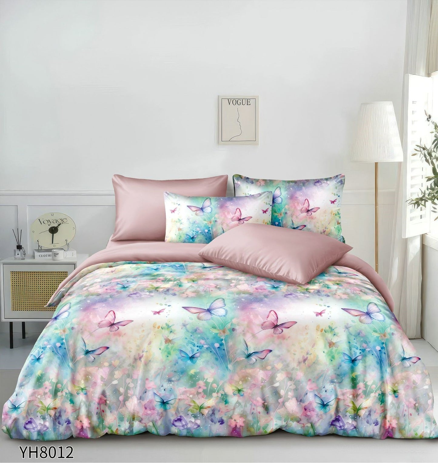 Lenjerie Pat Dublu din Satin, 4 Piese, cu Elastic, Fluturasi-P9924