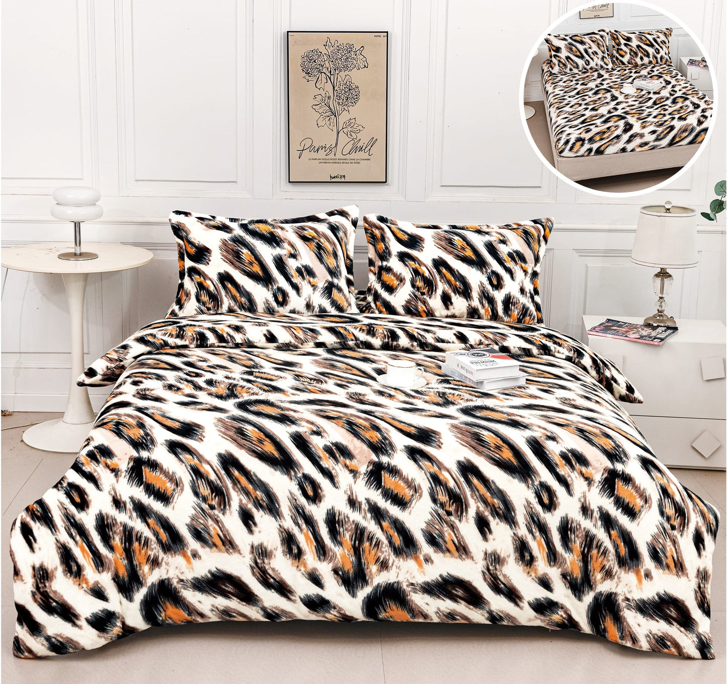 Lenjerie Cocolino 4 Piese cu Elastic, Pat Dublu, Animal Print-A9534