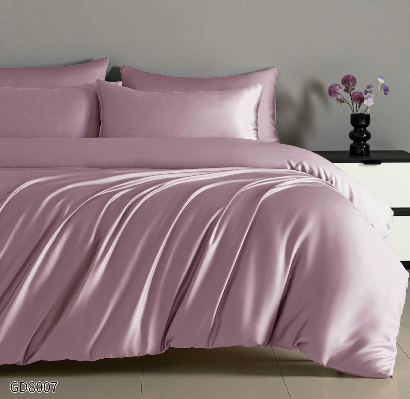 Lenjerie Pat Dublu din Satin, 4 Piese, cu Elastic, Roz-P8785