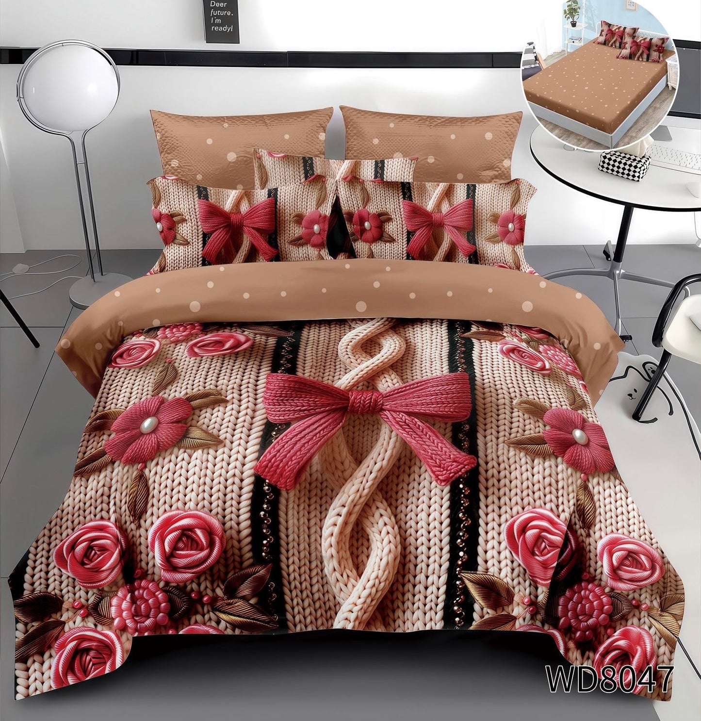 Lenjerie 5D Finet 4 Piese, cu Elastic, Imprimeu Identic cu Poza, Floricele/Fundite-P8984