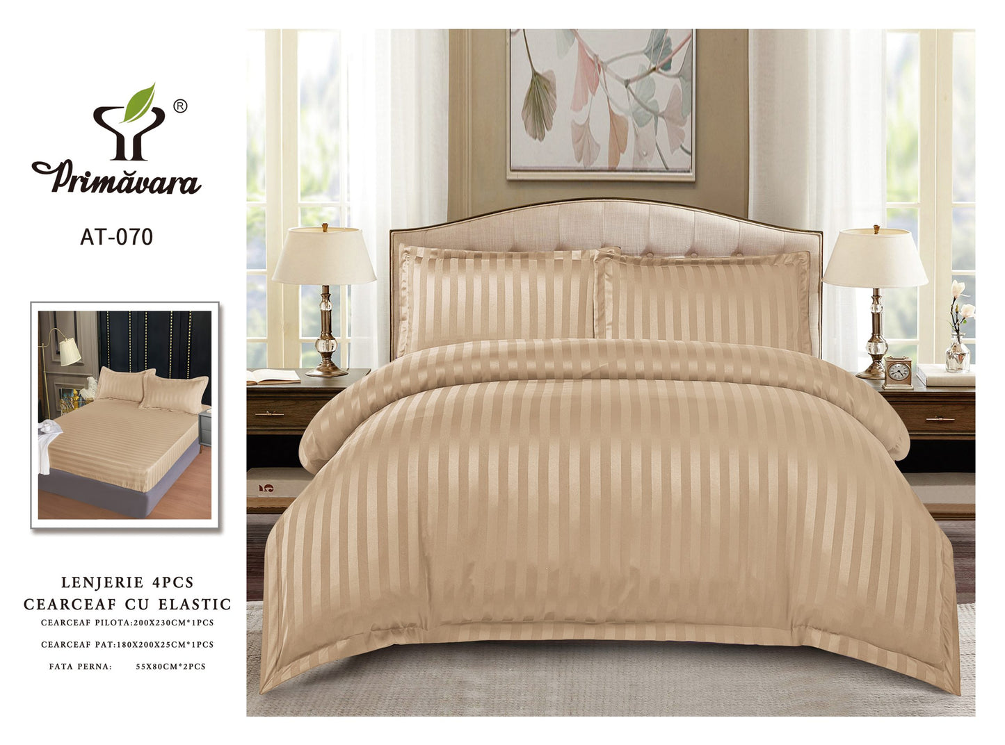 Lenjerie Damasc Finetat 4 Piese cu Elastic, Bej, Uni-P9616