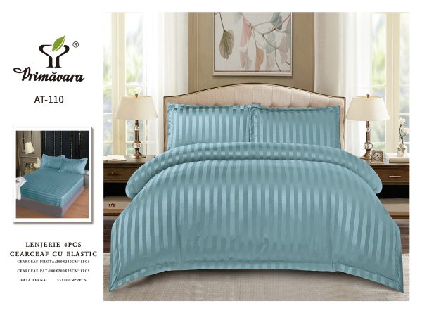 Lenjerie Damasc Finetat 4 Piese cu Elastic, Bleu Pudra, Uni-P9612