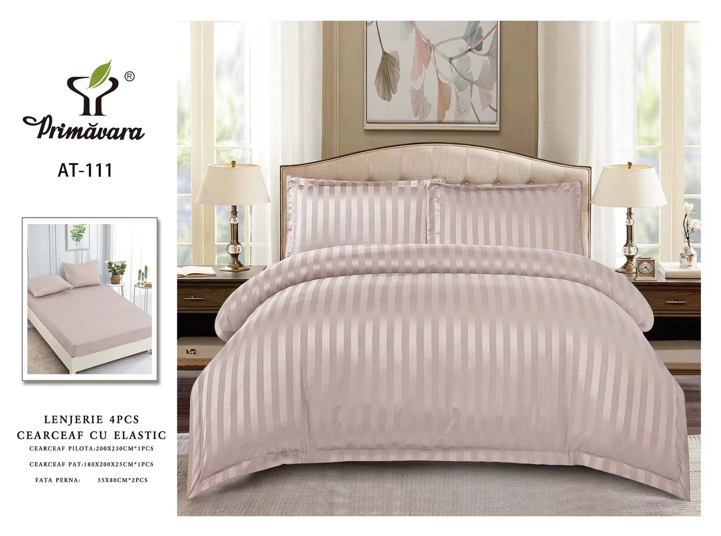 Lenjerie Damasc Finetat 4 Piese cu Elastic, Coffe Latte, Uni-P9613