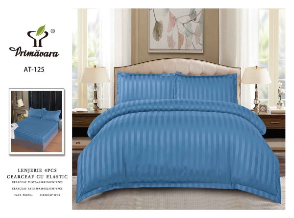 Lenjerie Damasc Finetat 4 Piese cu Elastic, Bleumarin, Uni-P9617