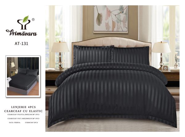 Lenjerie Damasc Finetat 4 Piese cu Elastic, Negru, Uni-P9618