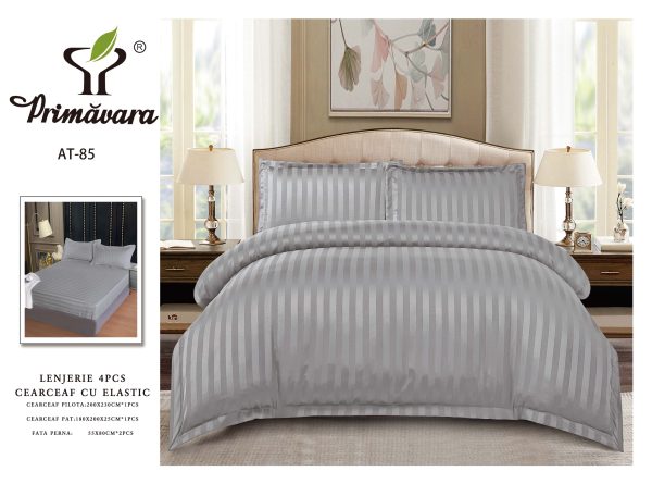 Lenjerie Damasc Finetat 4 Piese cu Elastic, Gri Deschis, Uni-P9609