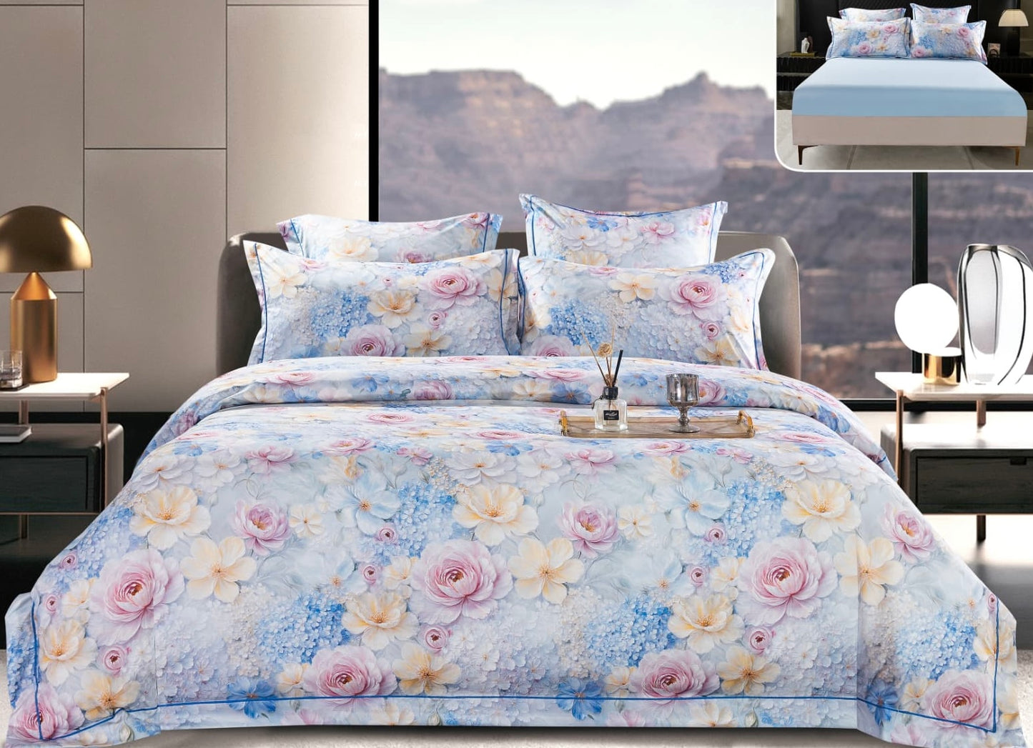 Lenjerie Premium Luxury, Pat Dublu, Satin Gros, 6 Piese cu Elastic, Floricele-A10060