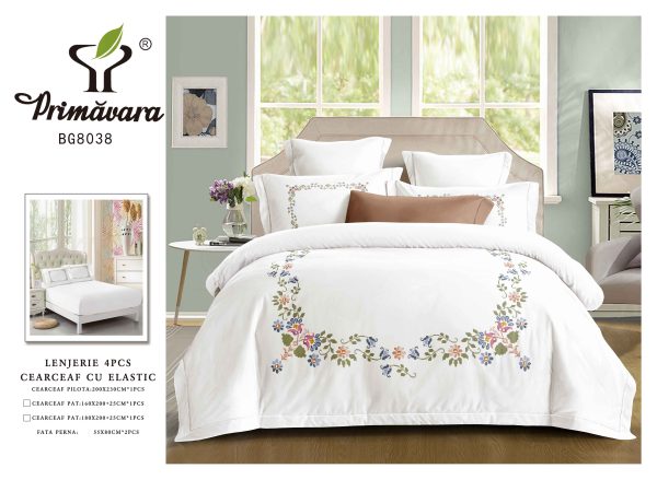 Lenjerie Pat Dublu din Finet, 4 Piese, cu Elastic, Model Elegant cu Flori, Alb-P9601