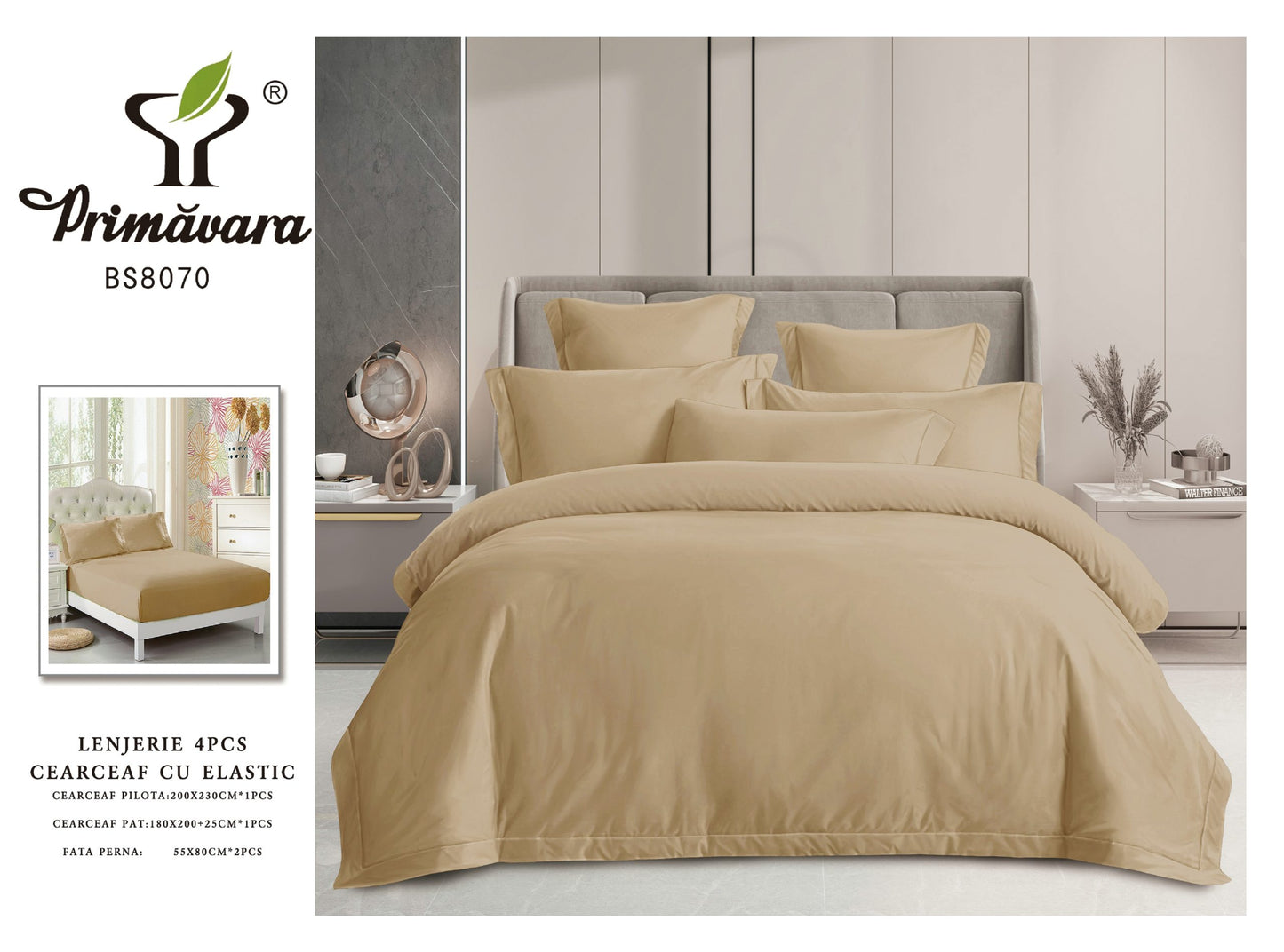 Lenjerie Pat Dublu din Finet Fin Superior, 4 Piese, cu Elastic, Bej Inchis-P9483