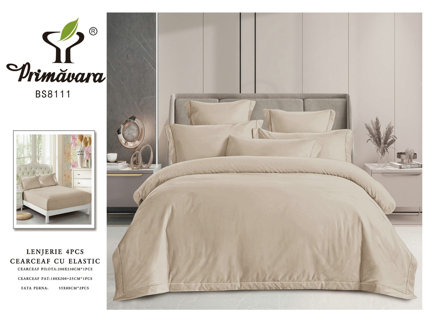 Lenjerie Pat Dublu din Finet Fin Superior, 4 Piese, cu Elastic, Bej Deschis-P9485