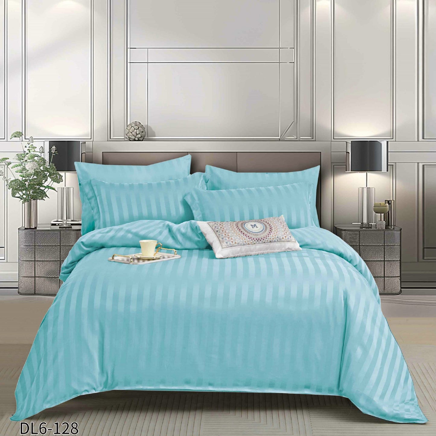 Lenjerie Damasc Finetat Deluxe, 6 Piese cu Elastic, Bleu-P10245