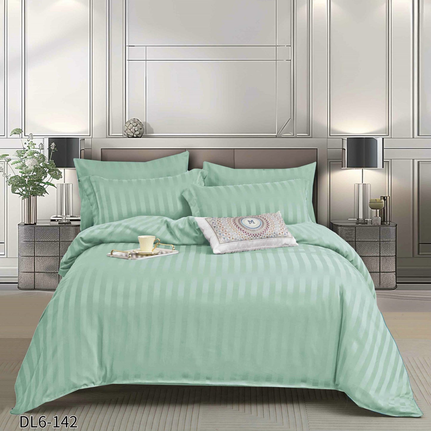 Lenjerie Damasc Finetat Deluxe, 6 Piese cu Elastic, Verde Pastel-P10247