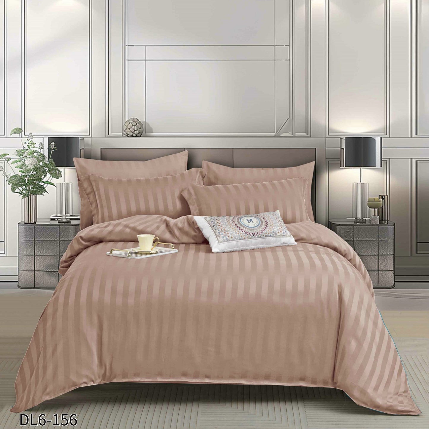Lenjerie Damasc Finetat Deluxe, 6 Piese cu Elastic, Bej Inchis-P10248