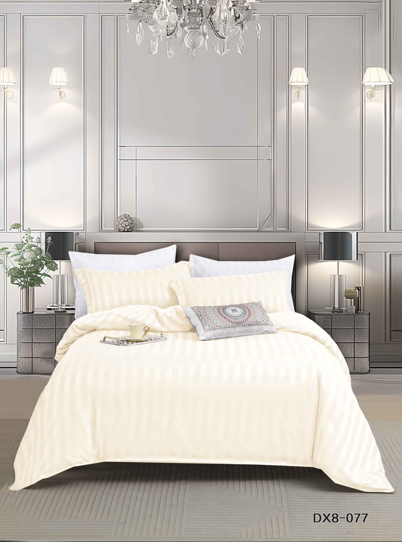 Lenjerie Pat 1 Persoana din Damasc Deluxe, 4 Piese cu Elastic, Crem-P8955