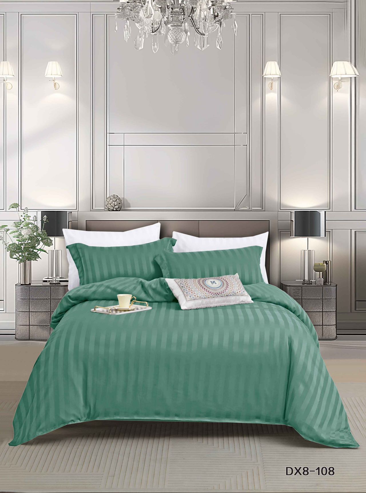 Lenjerie Pat 1 Persoana din Damasc Deluxe, 4 Piese cu Elastic, Verde Menta-P8958