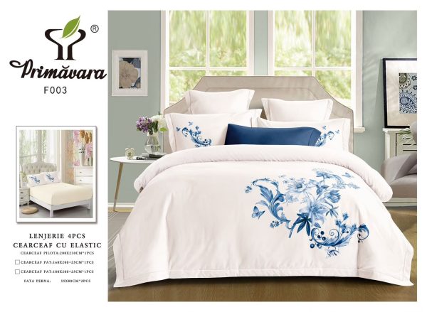 Lenjerie Pat Dublu din Finet, 4 Piese, cu Elastic, Model Elegant cu Flori, Crem-P9602