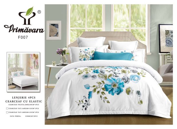 Lenjerie Pat Dublu din Finet, 4 Piese, cu Elastic, Model Elegant cu Flori, Alb-P9604