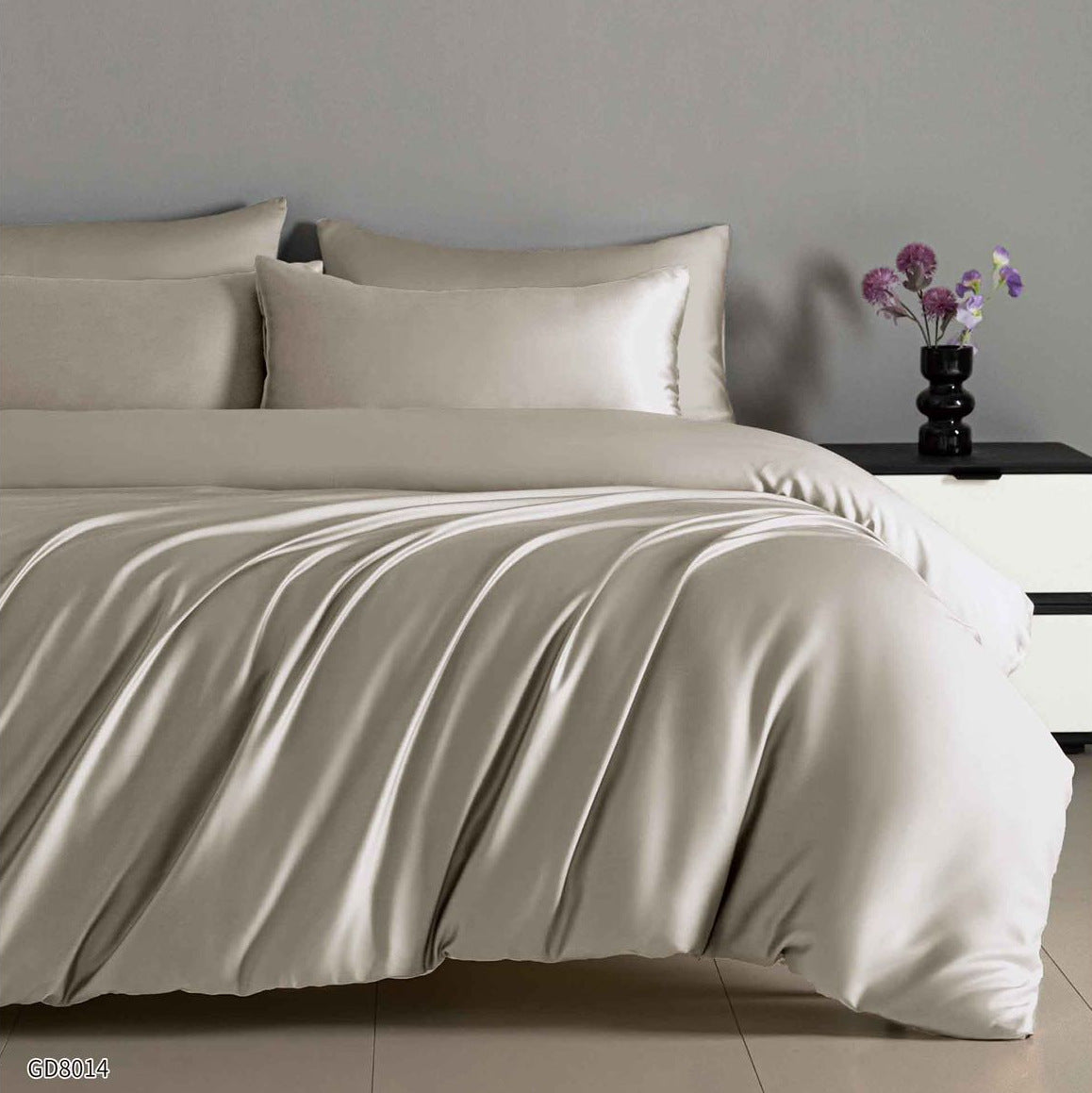 Lenjerie Pat Dublu din Satin Extra Fin, 4 Piese, cu Elastic, Gri-P10219