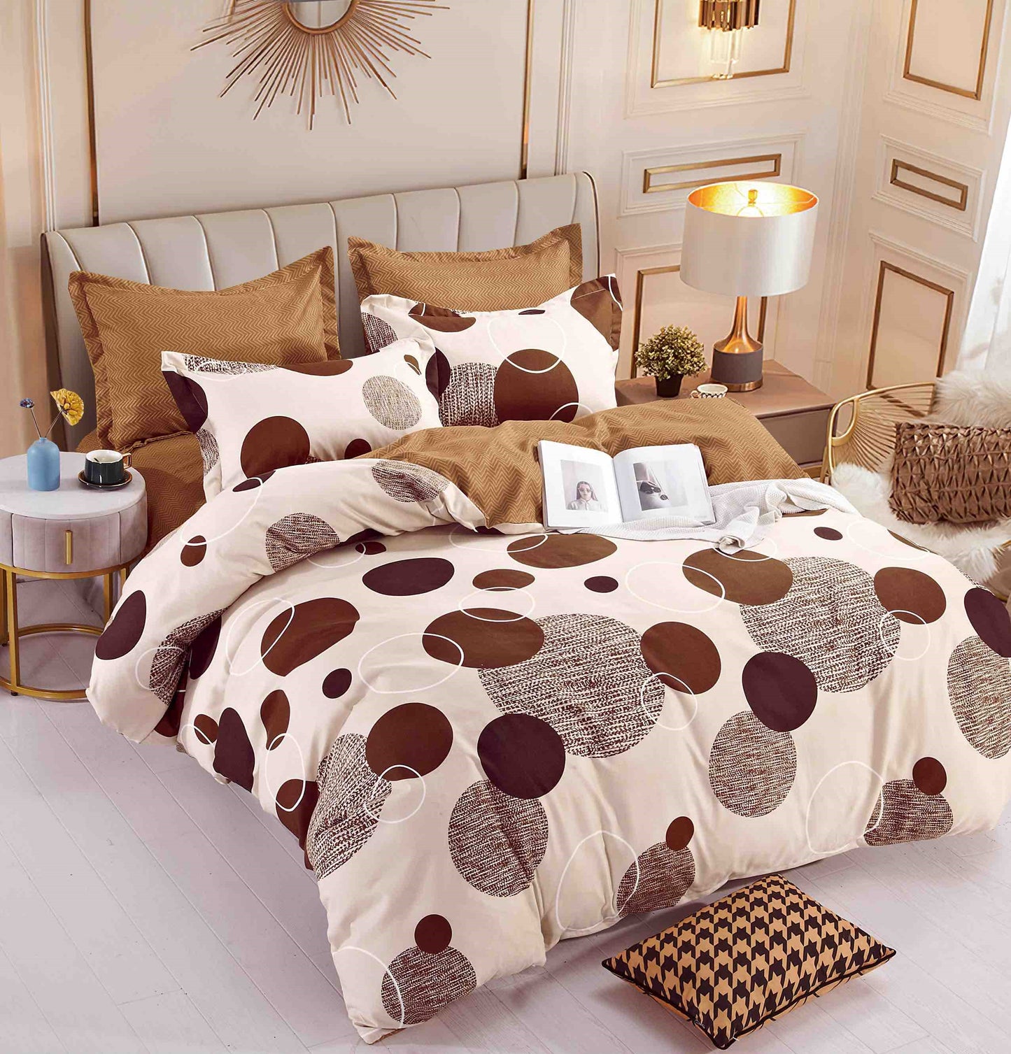 Lenjerie Pat Dublu din Finet, 6 Piese, cu Elastic, Bej/Cercuri-C8694