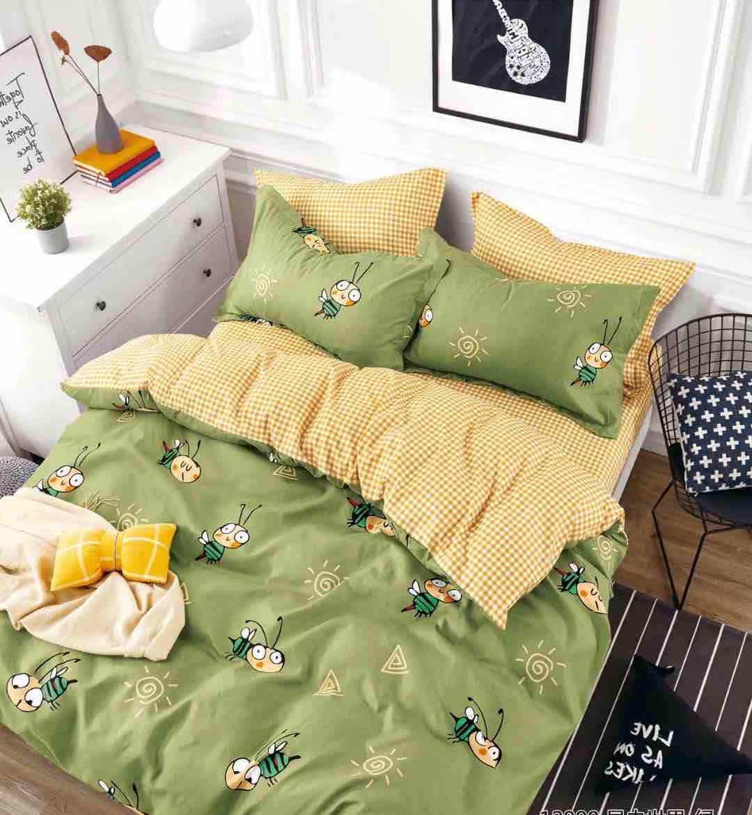 Lenjerie Pat Dublu din Finet, 6 Piese, cu Elastic, Verde/Albinute-C8698