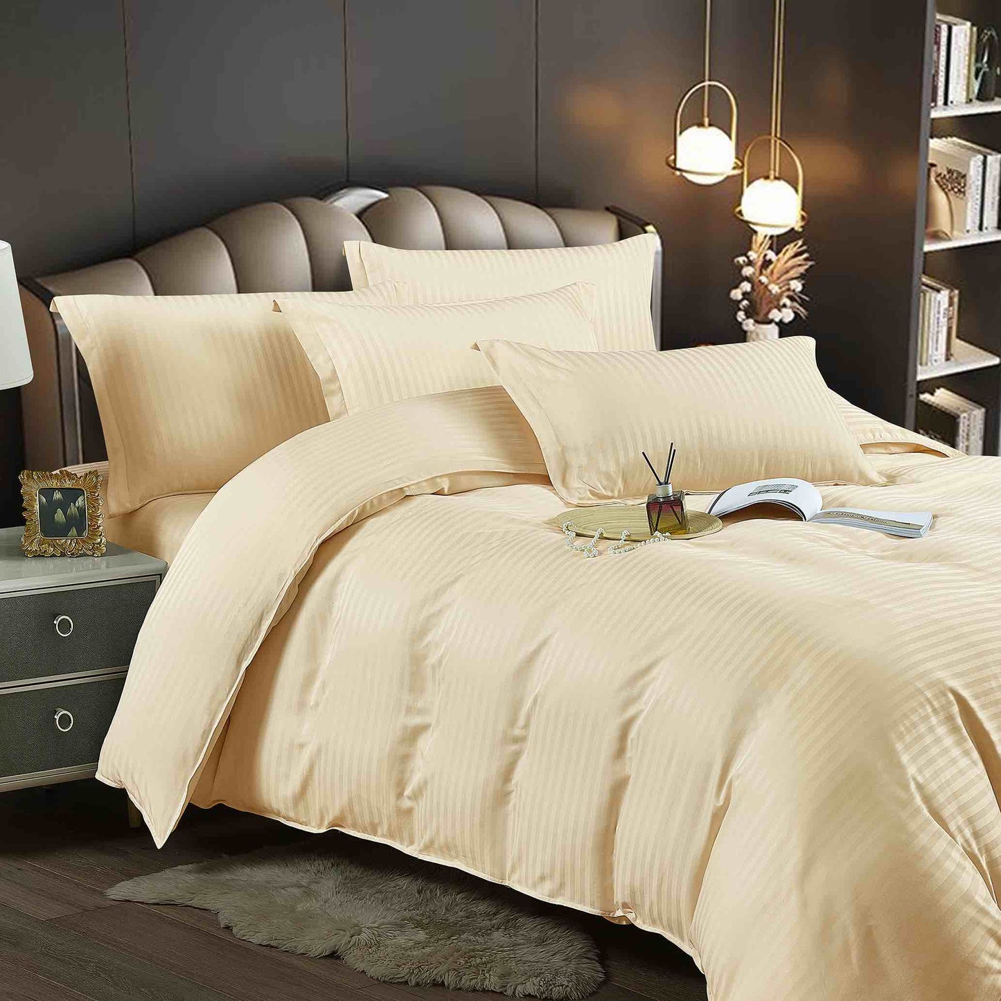 Lenjerie Bumbac Damasc Deluxe, 6 Piese, Crem-C5057