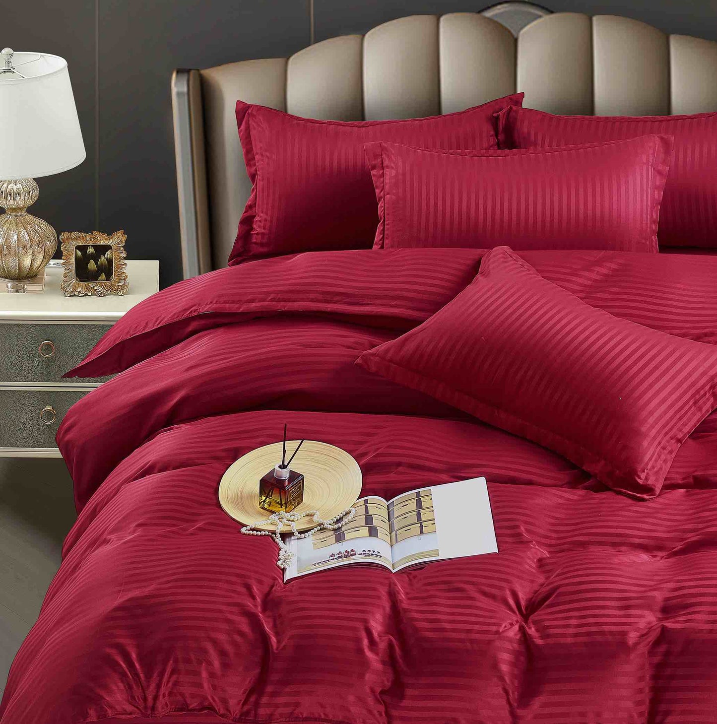 Lenjerie Bumbac Damasc Deluxe, 6 Piese, Grena-C5059