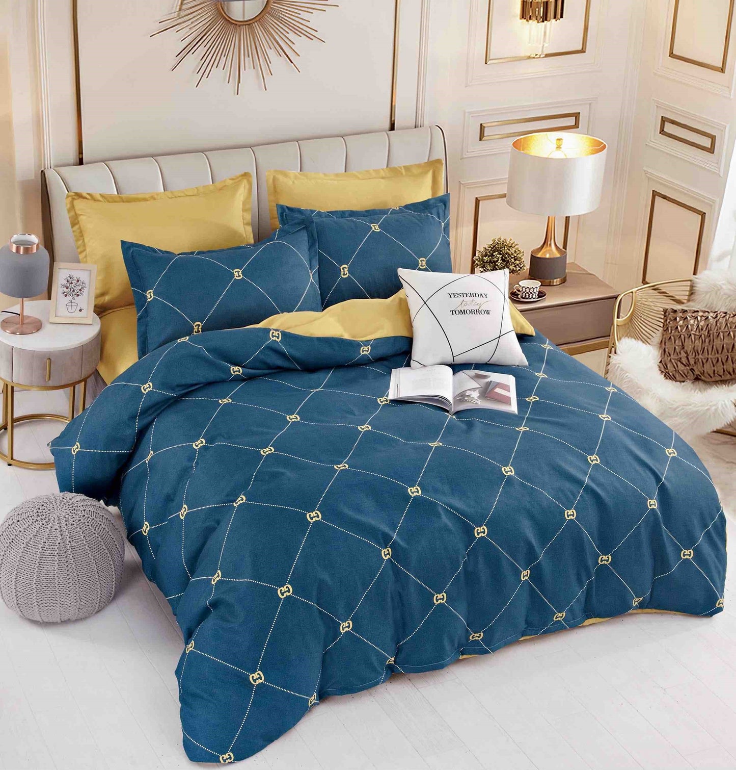 Lenjerie Pat Dublu din Finet, 6 Piese, cu Elastic, Bleumarin/Galben-C8695