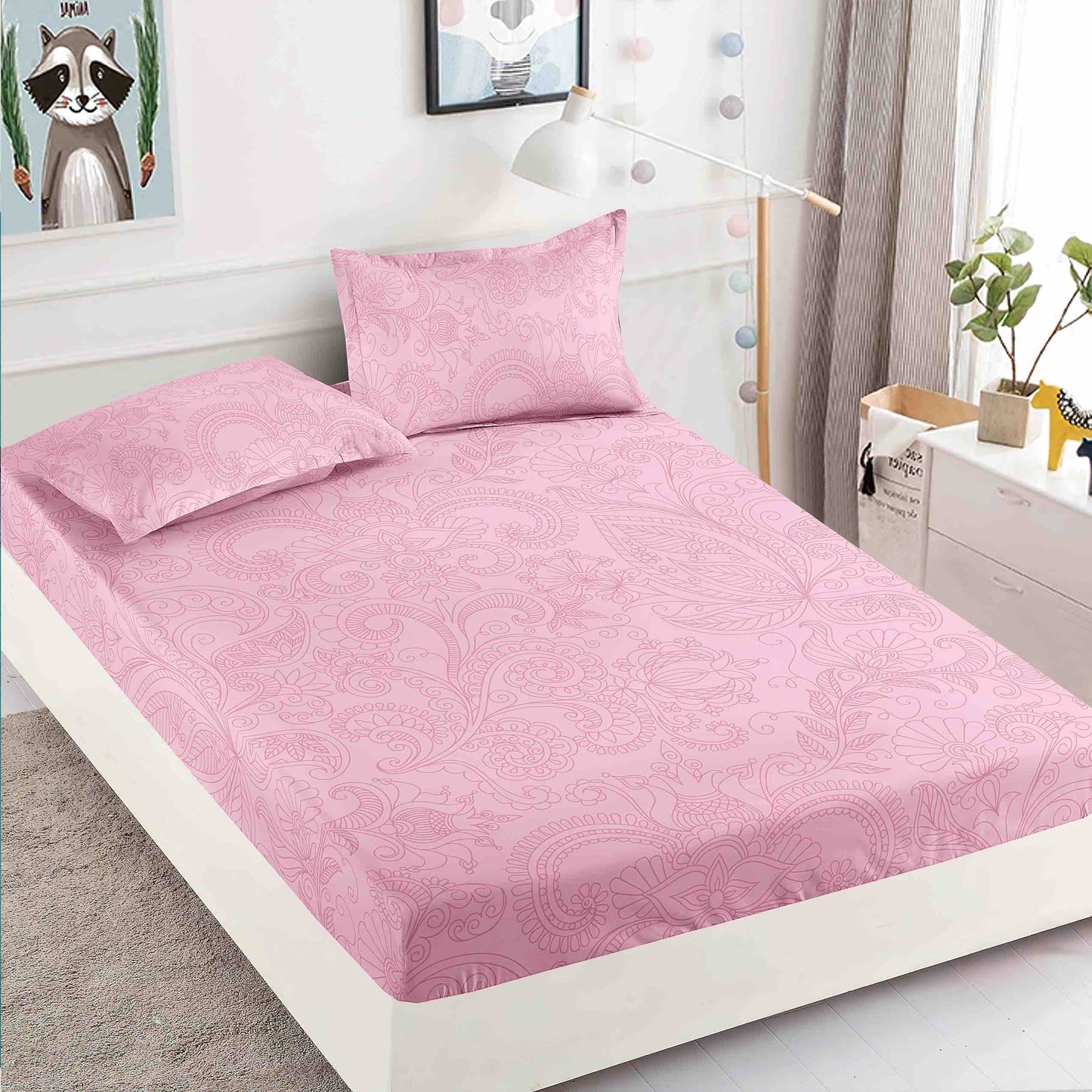 Husa de Pat cu Elastic, Din Finet, 180x200cm+2 fete de perna, Roz Royal-C8768