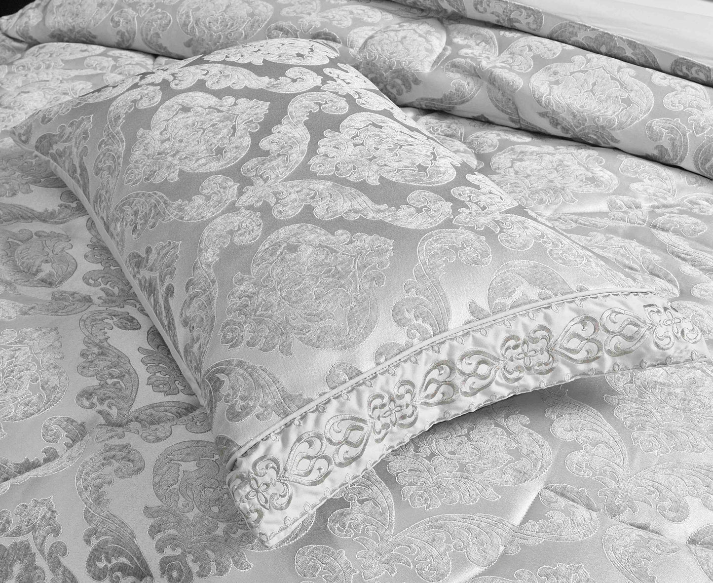 Lenjerie Jacquard Luxury cu Pilota Inclusa, Cearceaf pat cu Elastic, 7 piese, Gri