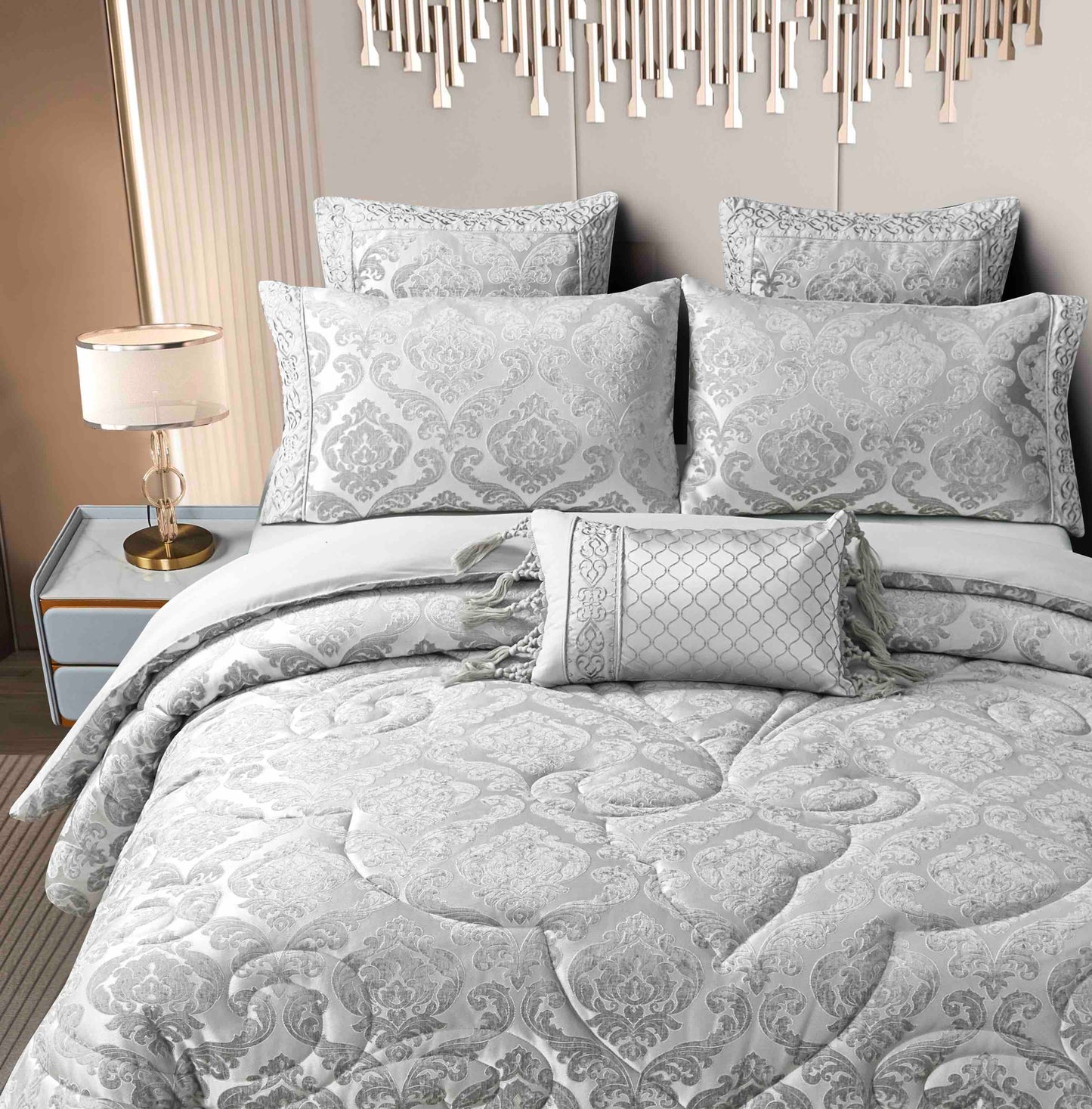 Lenjerie Jacquard Luxury cu Pilota Inclusa, Cearceaf pat cu Elastic, 7 piese, Gri