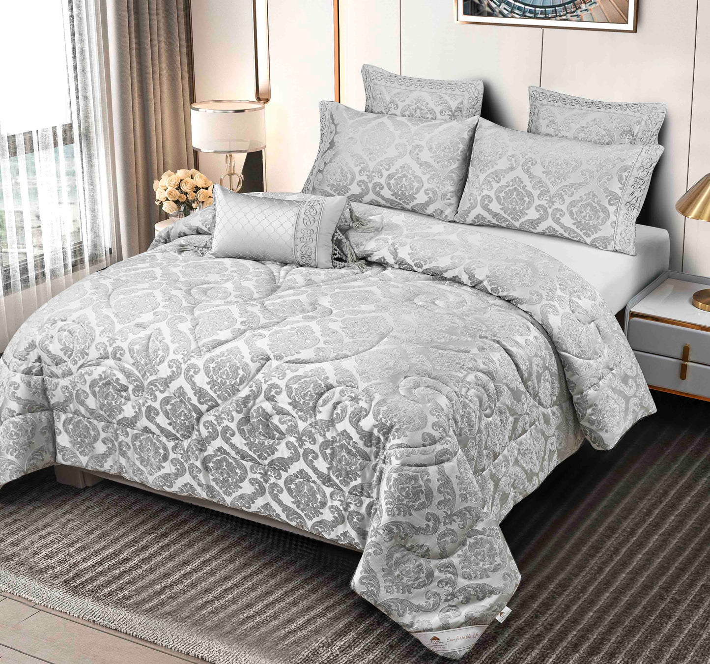 Lenjerie Jacquard Luxury cu Pilota Inclusa, Cearceaf pat cu Elastic, 7 piese, Gri