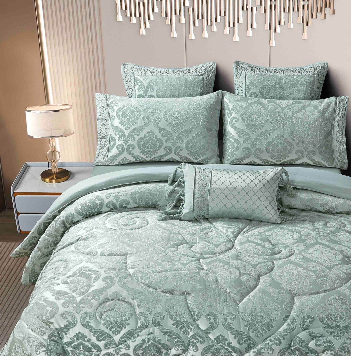Lenjerie Jacquard Luxury cu Pilota Inclusa, Cearceaf pat cu Elastic, 7 piese, Verde