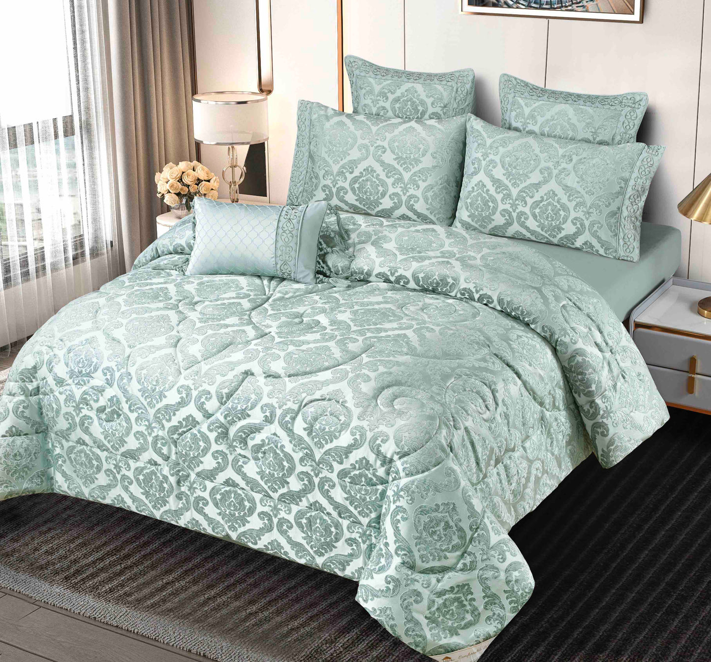 Lenjerie Jacquard Luxury cu Pilota Inclusa, Cearceaf pat cu Elastic, 7 piese, Verde
