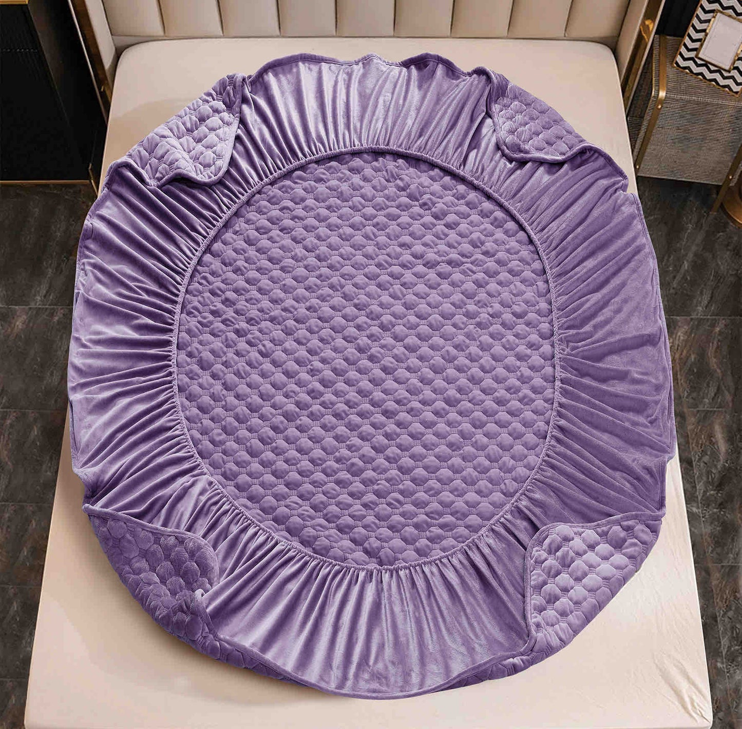 Husa matlasata tip topper din catifea, 180x200cm+2 fete de perna 50x70cm, Mov-C9585