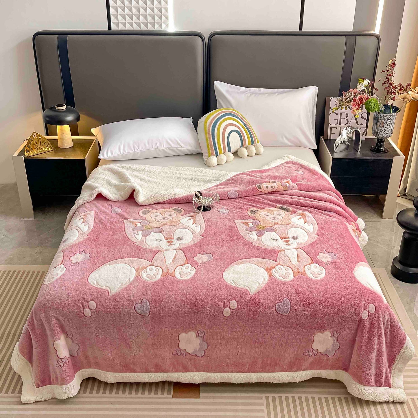 Patura Cocolino cu Blanita, 200x230cm, Roz/Vulpite-C9189