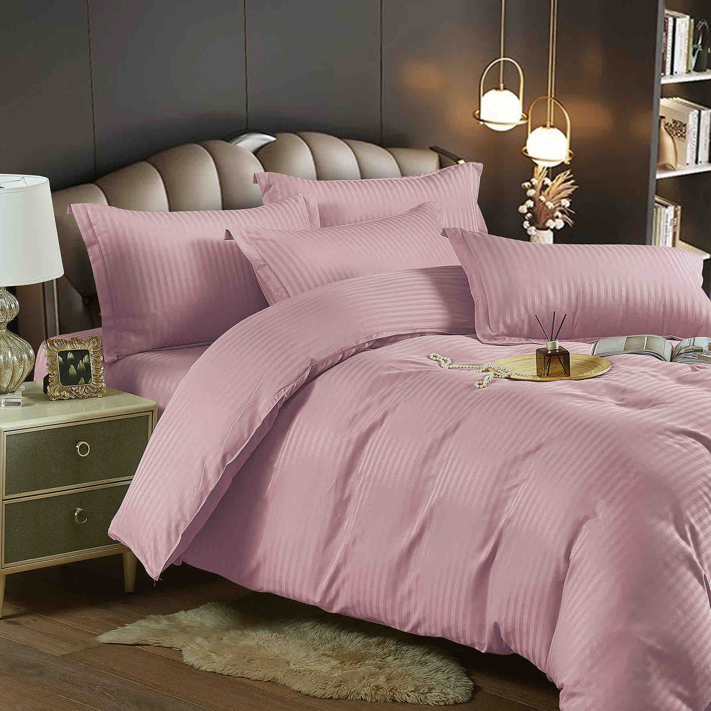 Lenjerie Bumbac Damasc Deluxe, 6 Piese, Roz Inchis-C5063