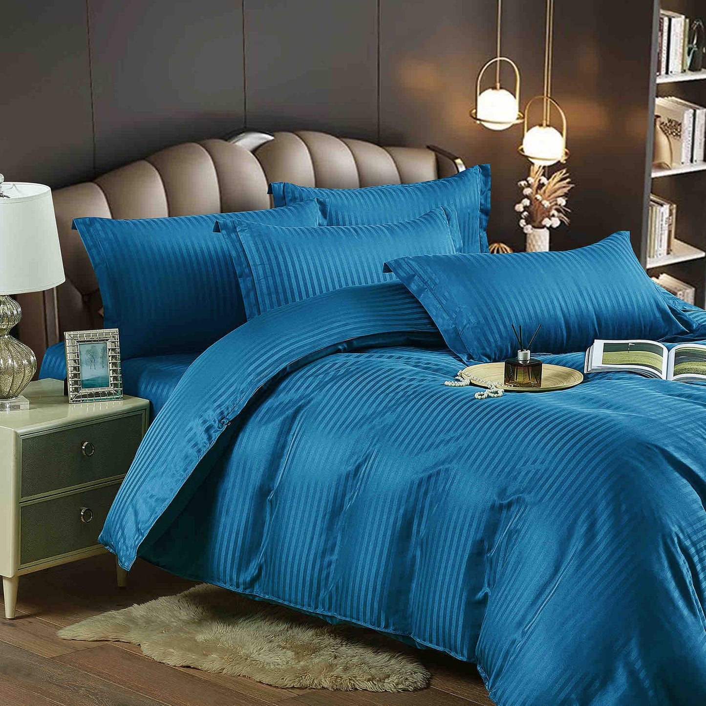 Lenjerie Bumbac Damasc Deluxe, 6 Piese cu Elastic, Bleumarin-C8125