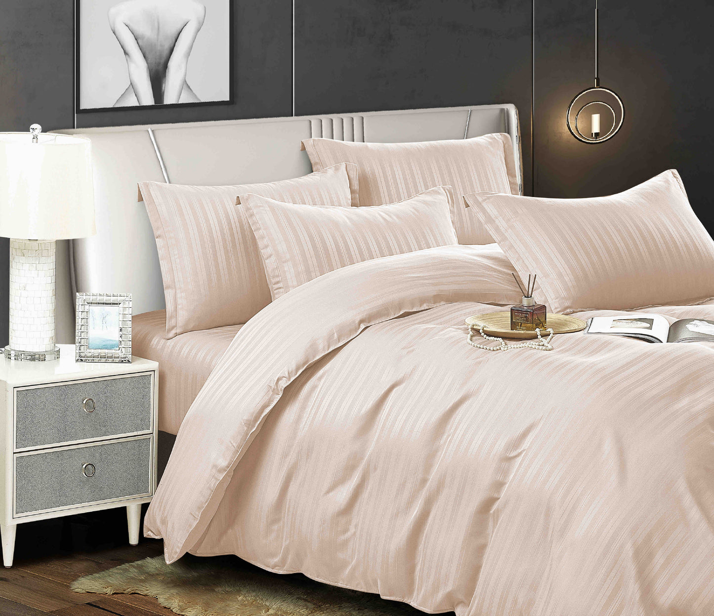 Lenjerie Bumbac Damasc Deluxe, 6 Piese, Crem-C5504