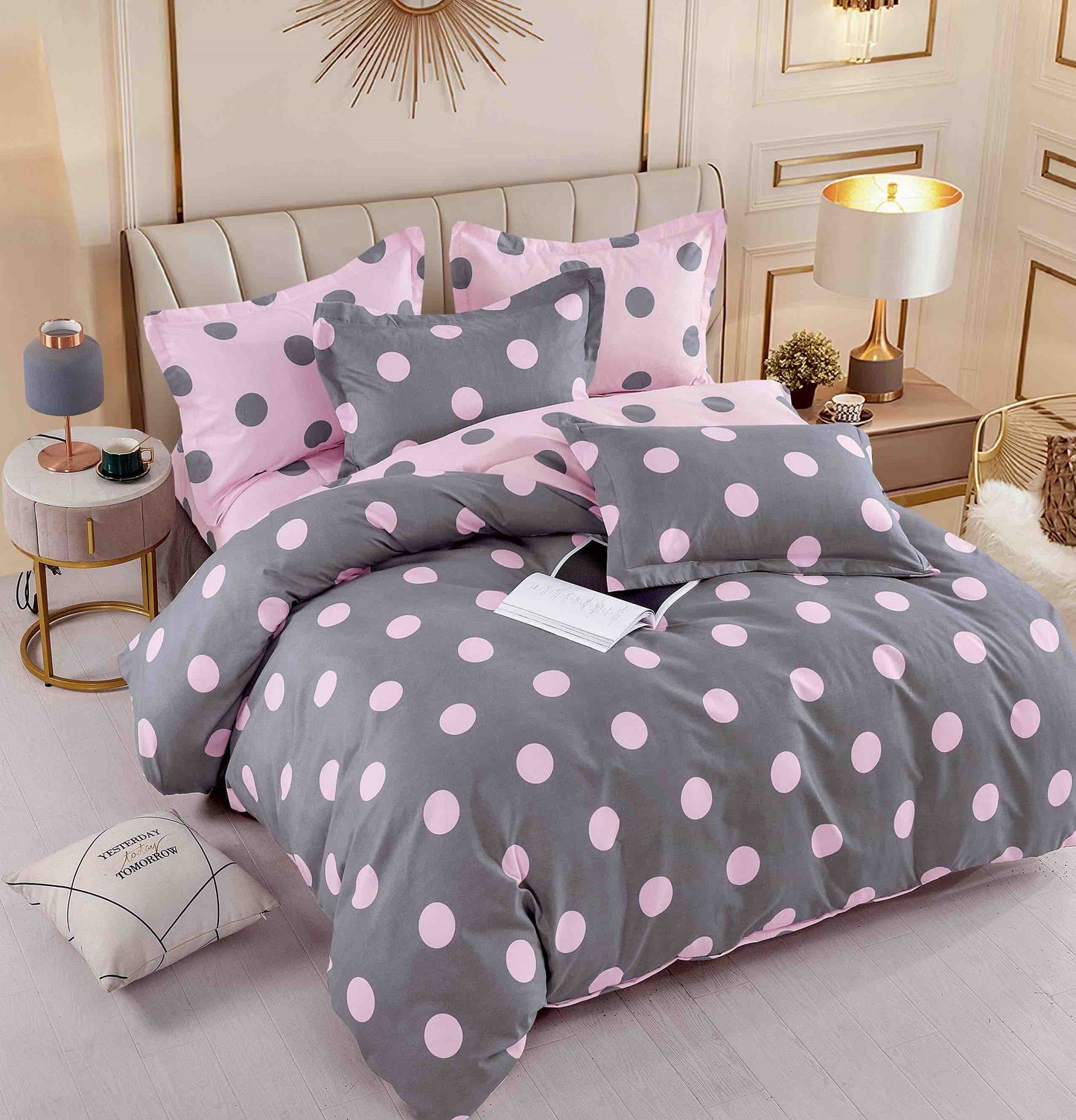 Lenjerie Pat Dublu din Finet, 6 Piese, cu Elastic, Gri/Buline-C8707