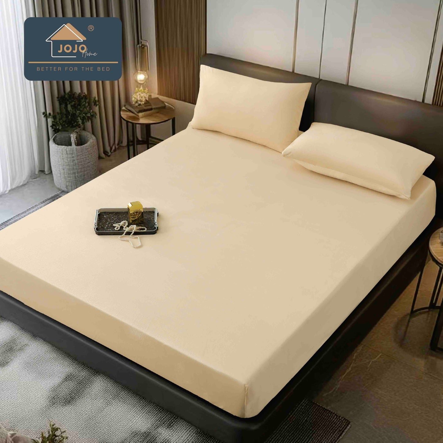 Husa de Pat cu Elastic+2 fete de perna, din Catifea, 180x200cm, Crem-C9243