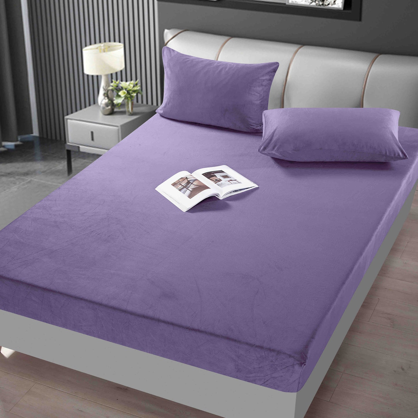 Husa de Pat cu Elastic+2 fete de perna, din Catifea, 180x200cm, Lila-C9246