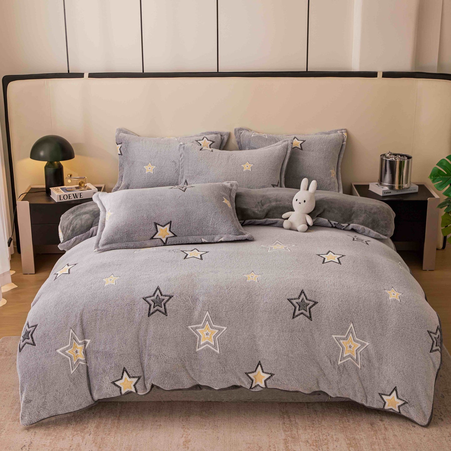 Lenjerie Cocolino 4 Piese cu Elastic, Pat Dublu, Gri/Stele-C9723