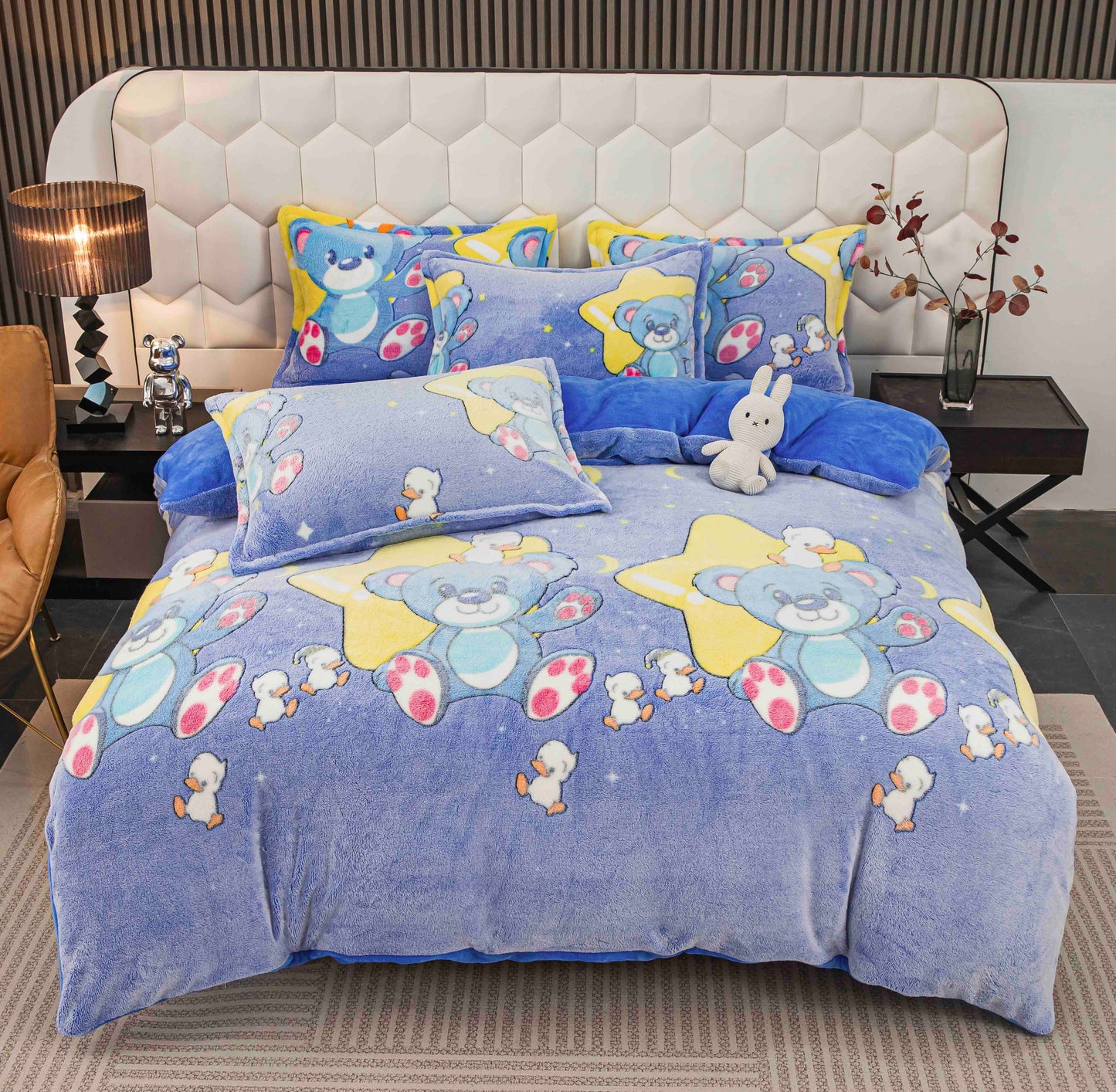 Lenjerie Cocolino 4 Piese cu Elastic, Pat Dublu, Ursuleti/Stele-C9730