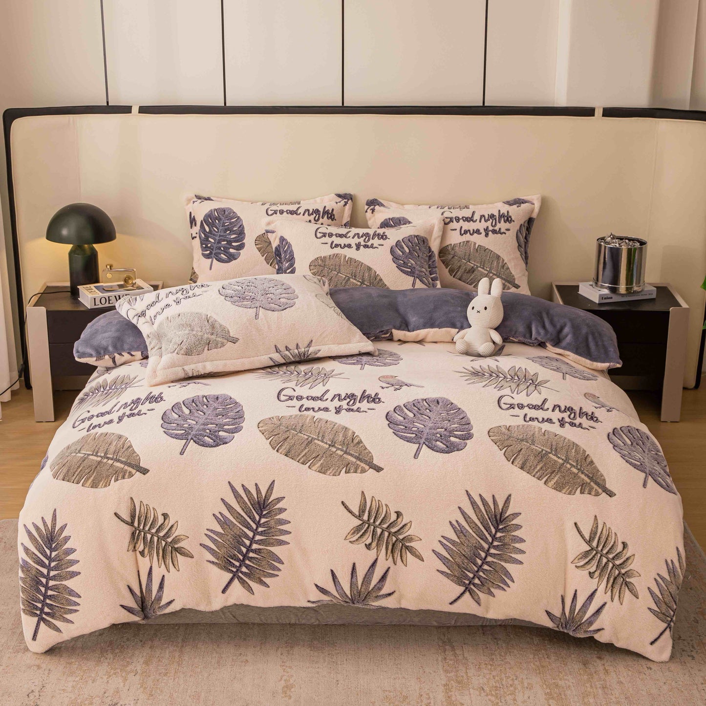 Lenjerie Cocolino 4 Piese cu Elastic, Pat Dublu, Crem/Ferigi-C9724