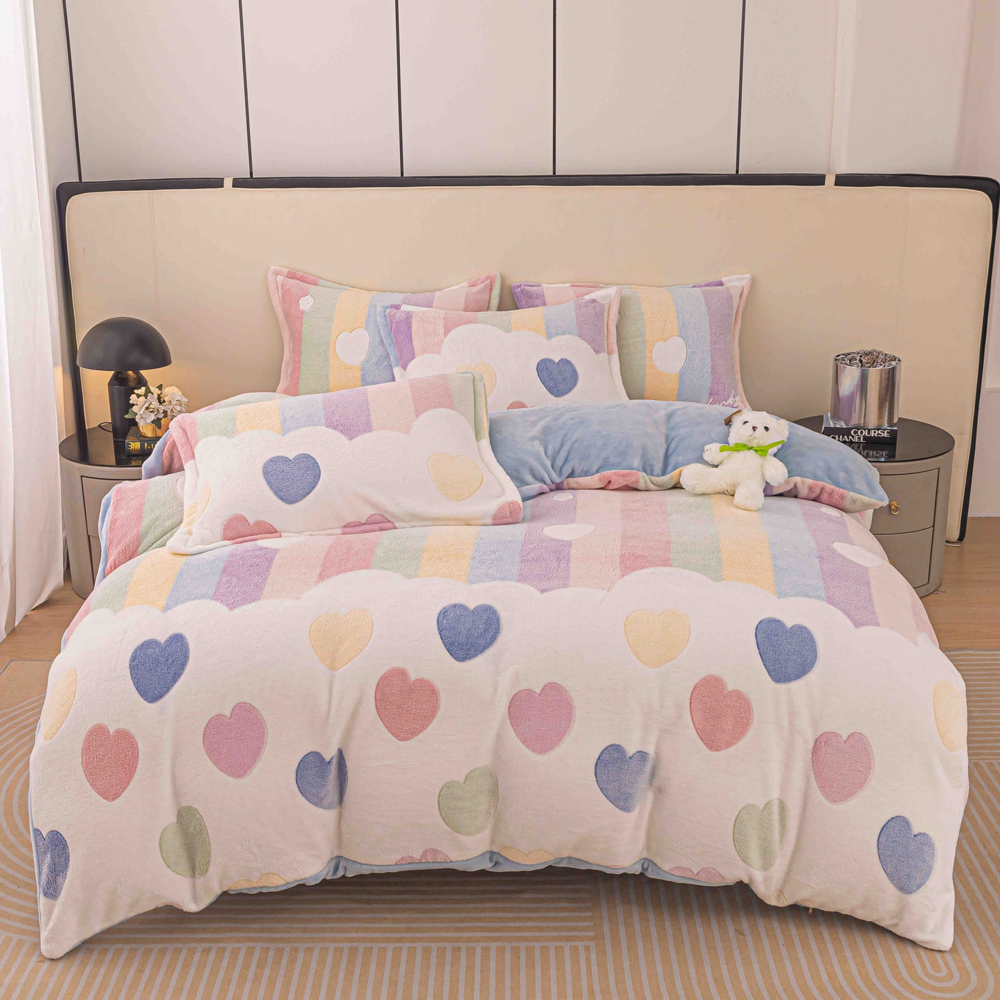 Lenjerie Cocolino 4 Piese cu Elastic, Pat Dublu, Curcubeu/Inimioare-C9728